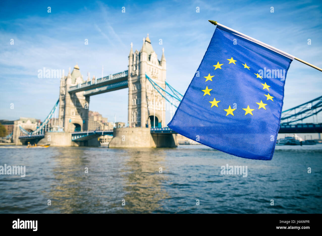 European Union flag flying in front of Tower Bridge, London, in a statement of solidarity in the United Kingdom's Brexit withdrawal from the EU Stock Photo