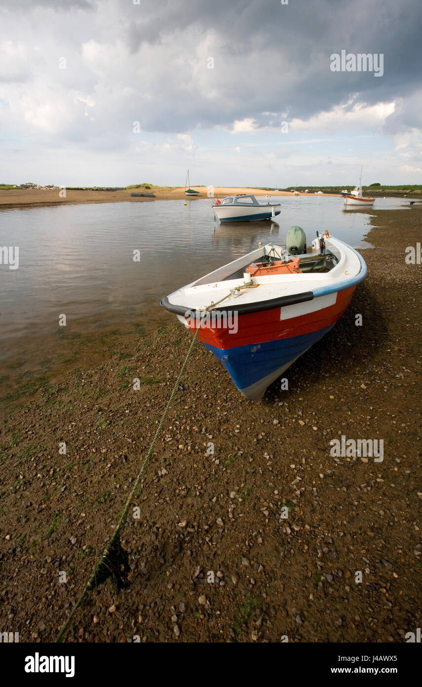 Boats at anchor in Burnham, North Norfolk near Blakeney Stock Photo