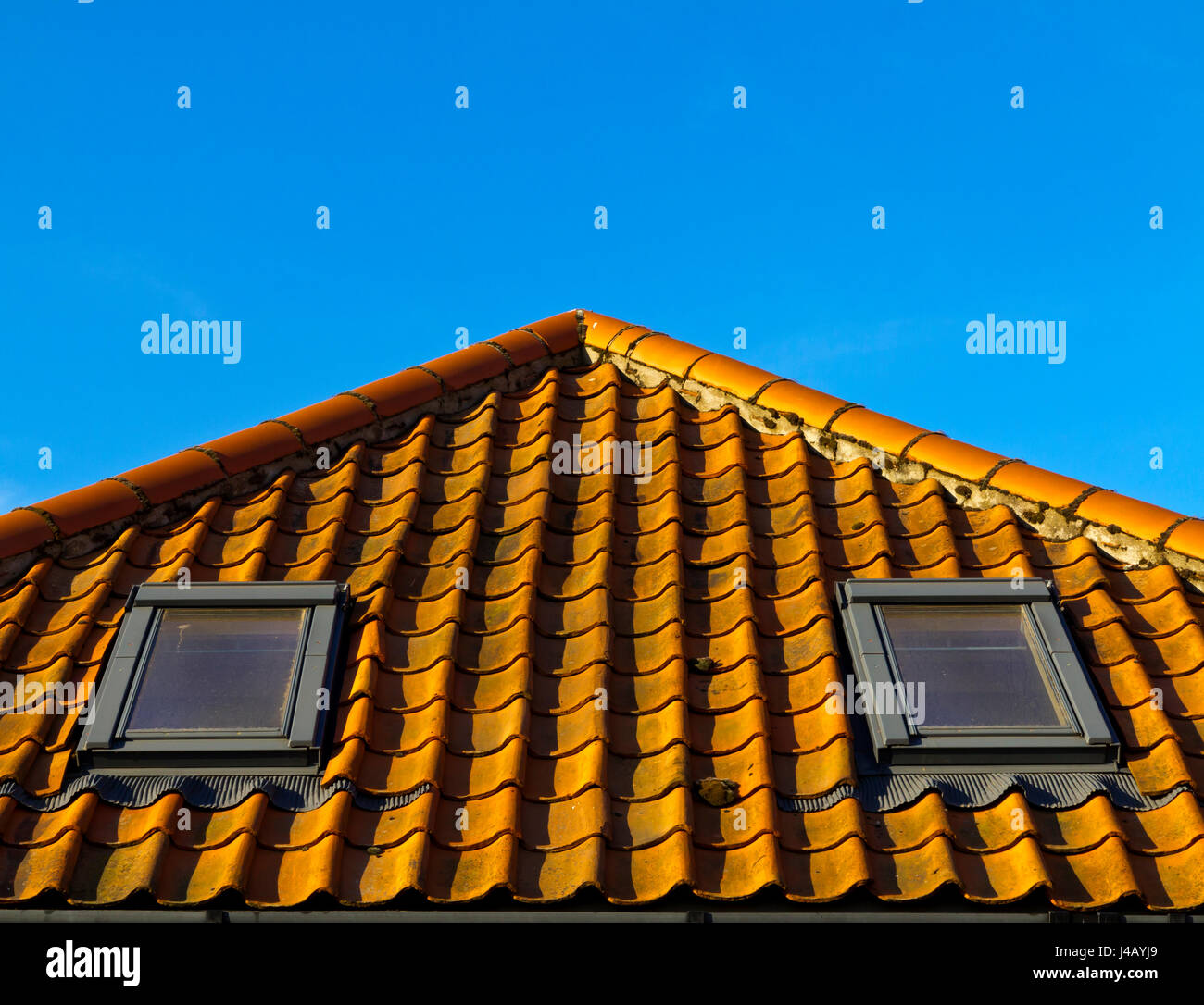 Tiled roof with two inset dormer windows and blue sky in background Stock Photo