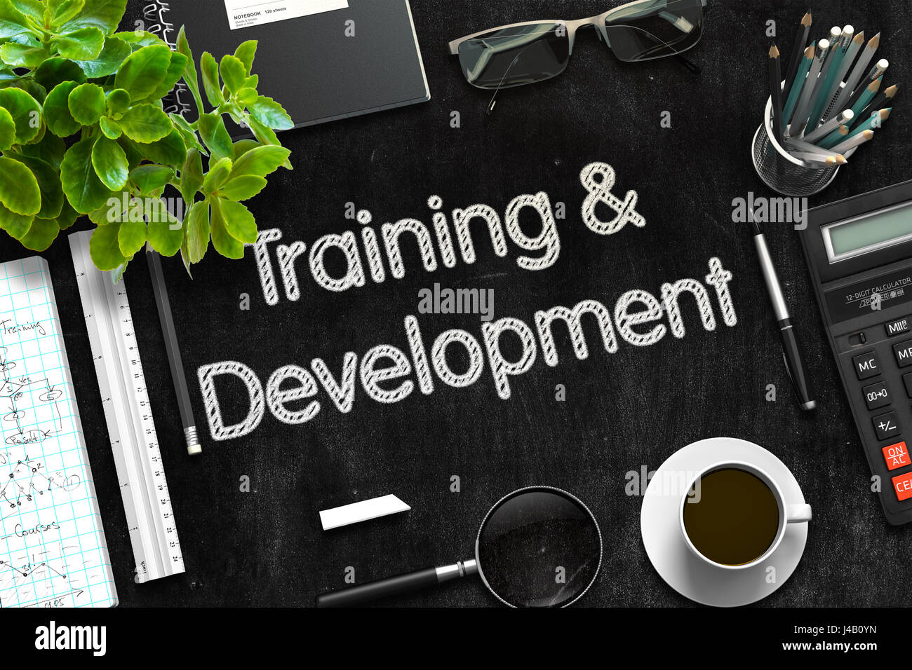 Training and Development on Black Chalkboard. 3D Rendering. Stock Photo
