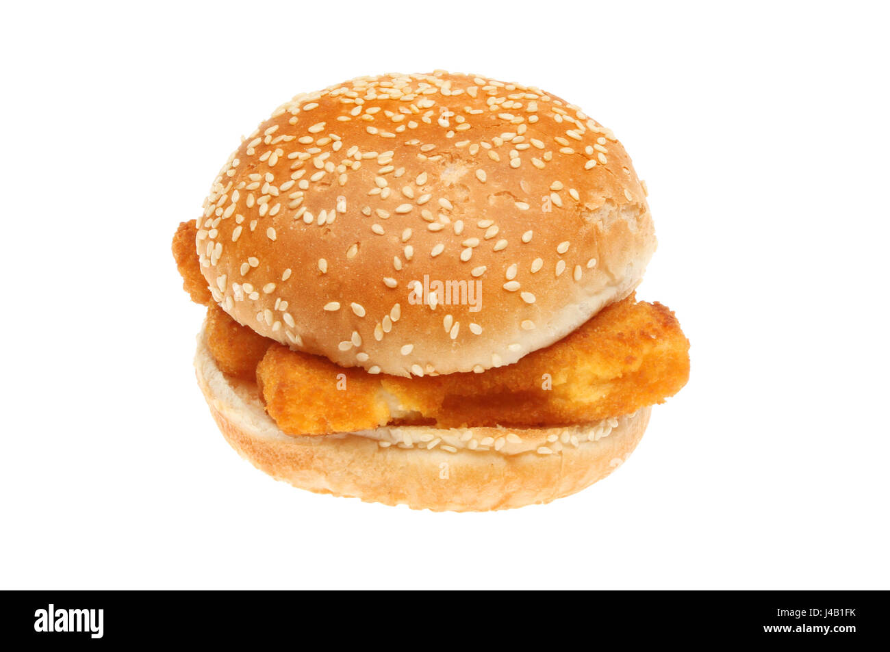 Fish burger, fish fingers in a seeded burger bun isolated against white Stock Photo