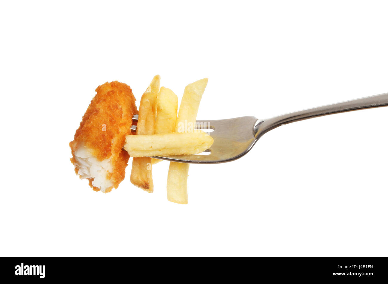 Fish finger and French fries on a fork isolated against white Stock Photo