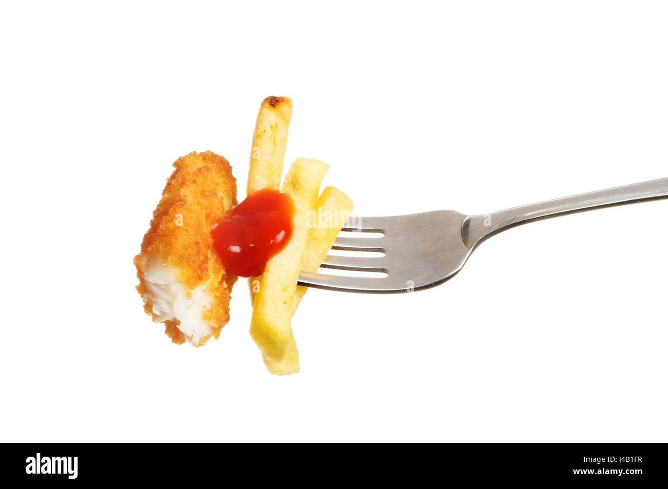 Fish finger, French fries with tomato ketchup on a fork isolated against white Stock Photo