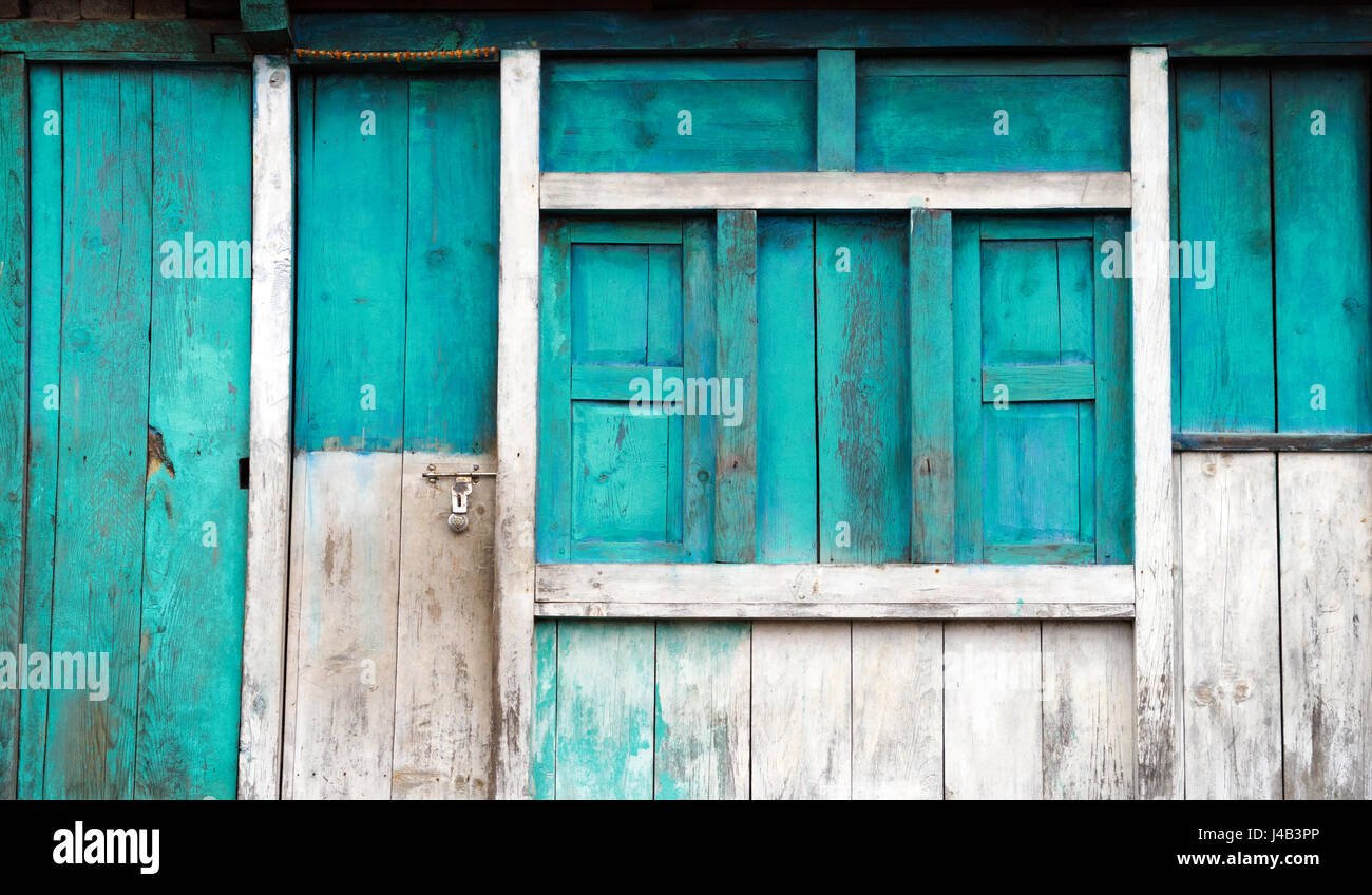 Colorful wooden facade of a simple house in Temang, Annapurna region,Nepal. Stock Photo