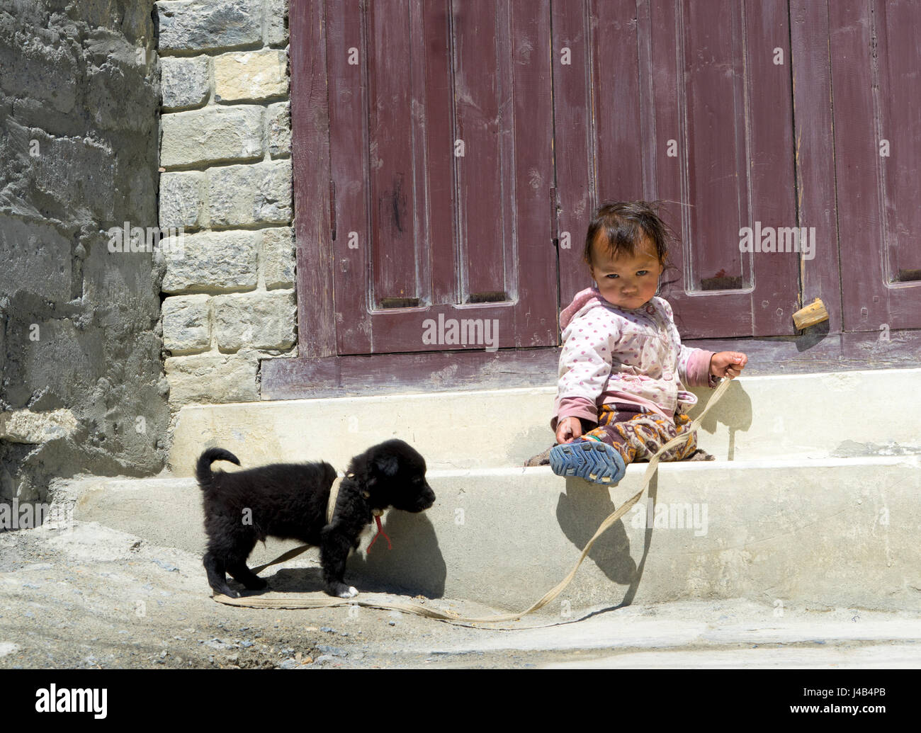 Young Nepalese girl with puppy. Stock Photo