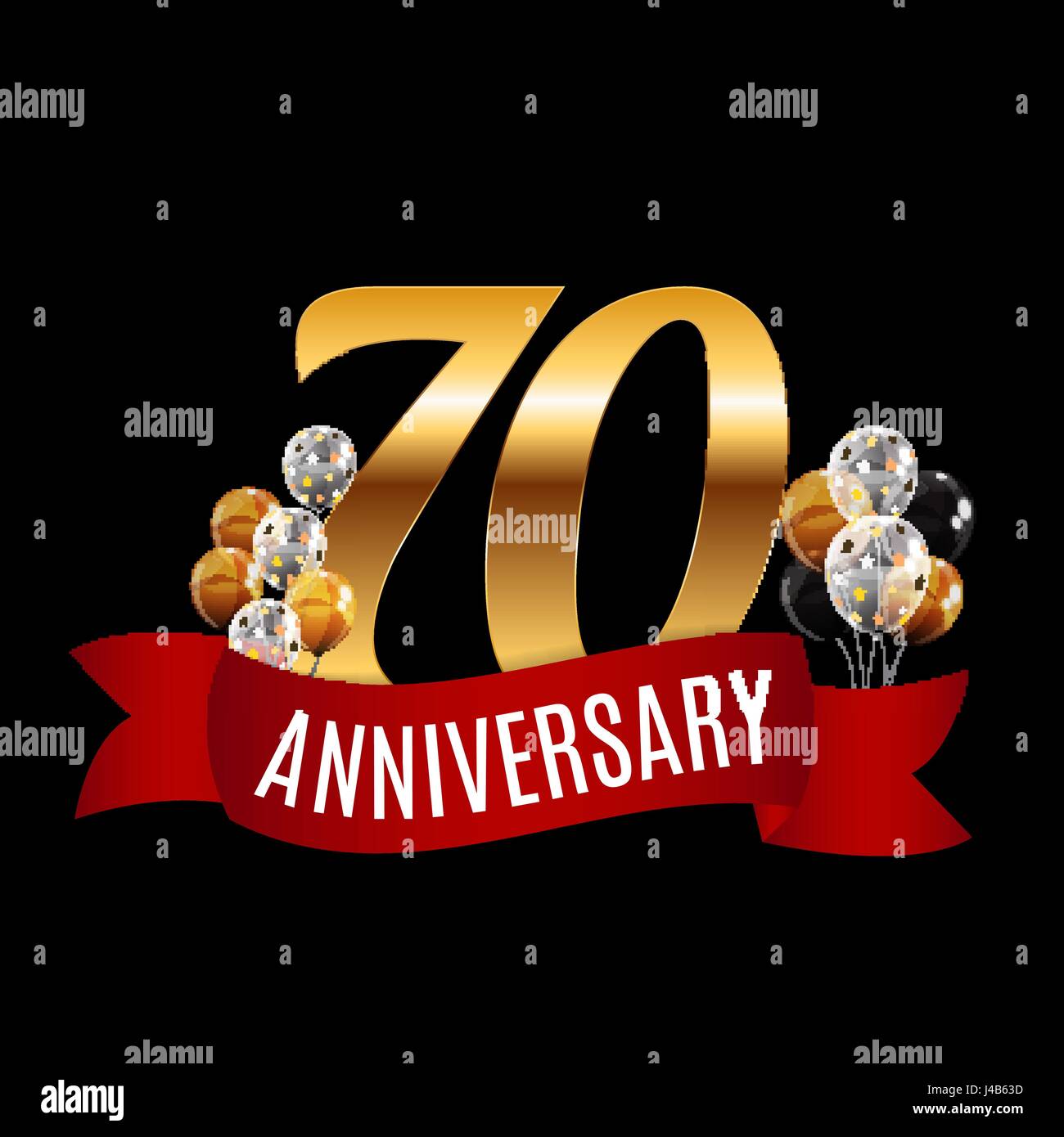 Golden 70 Years Anniversary Template with Red Ribbon Vector Illu Stock Vector