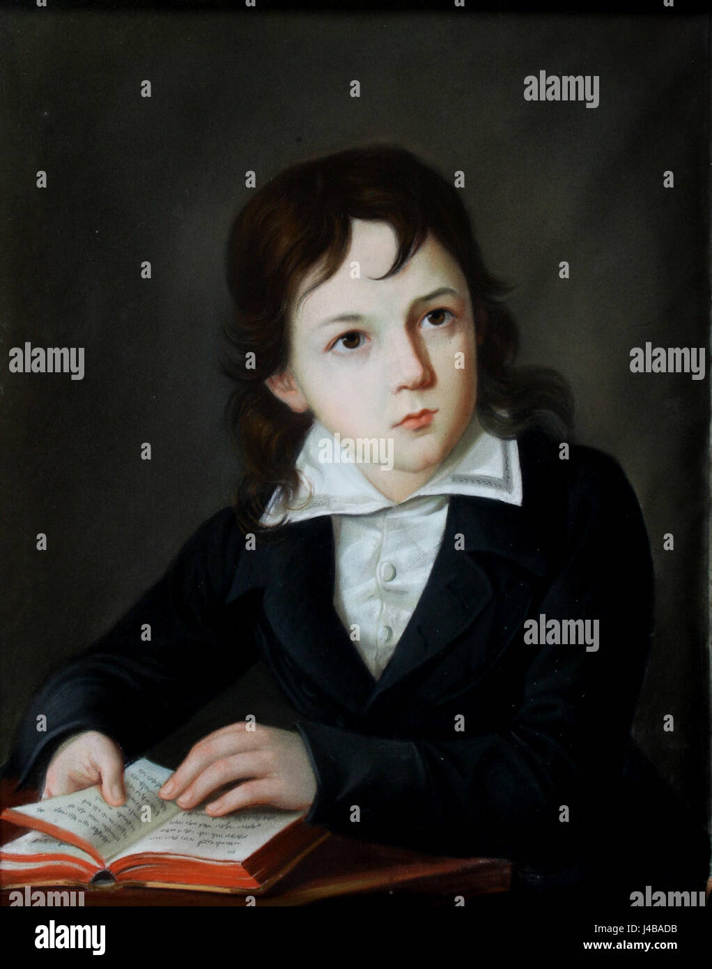 Portrait of a boy at his desk holding a book 19c Stock Photo - Alamy