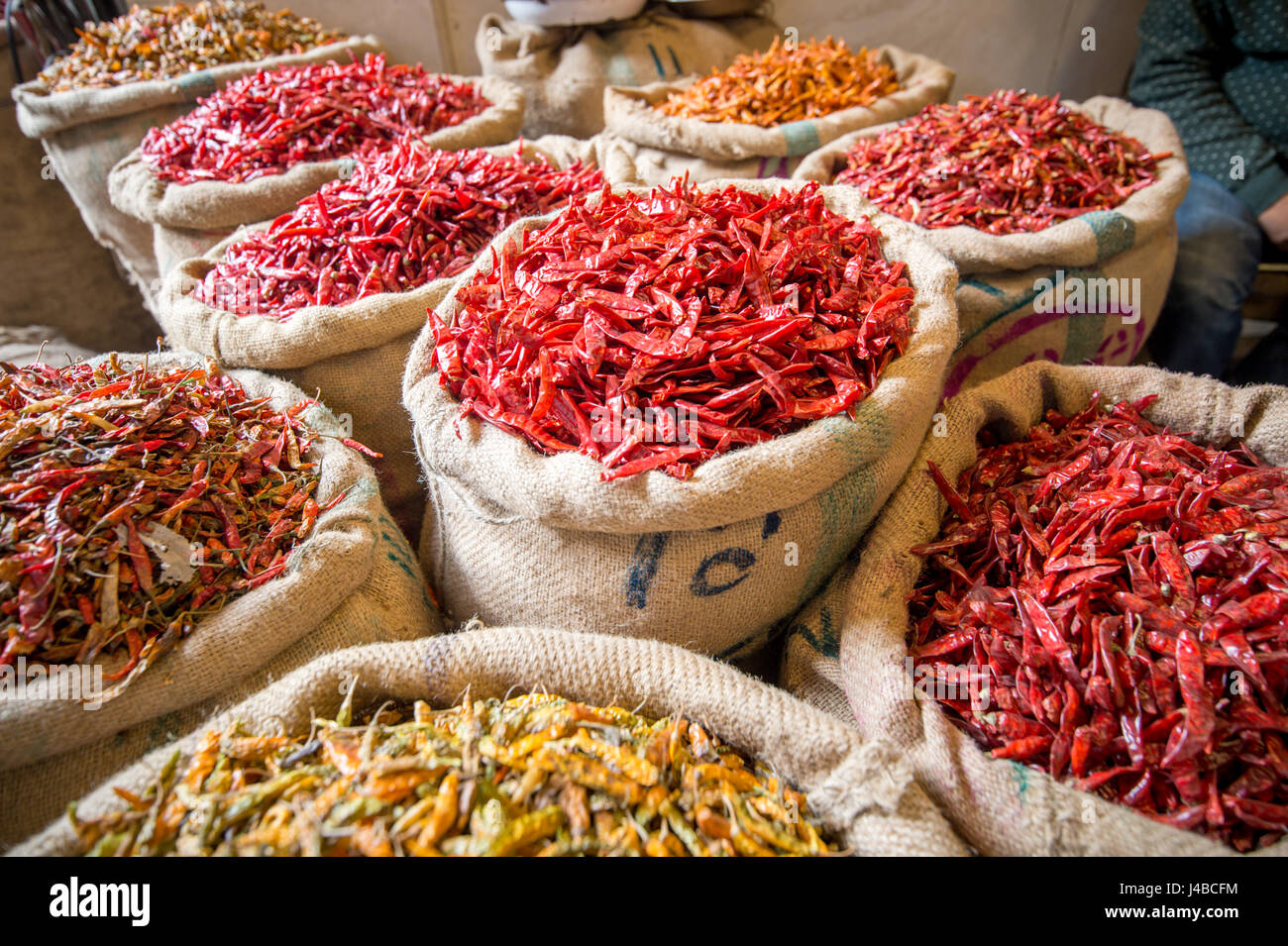 Chili peppers for sale at the Khari Baoli market in New Delhi, India