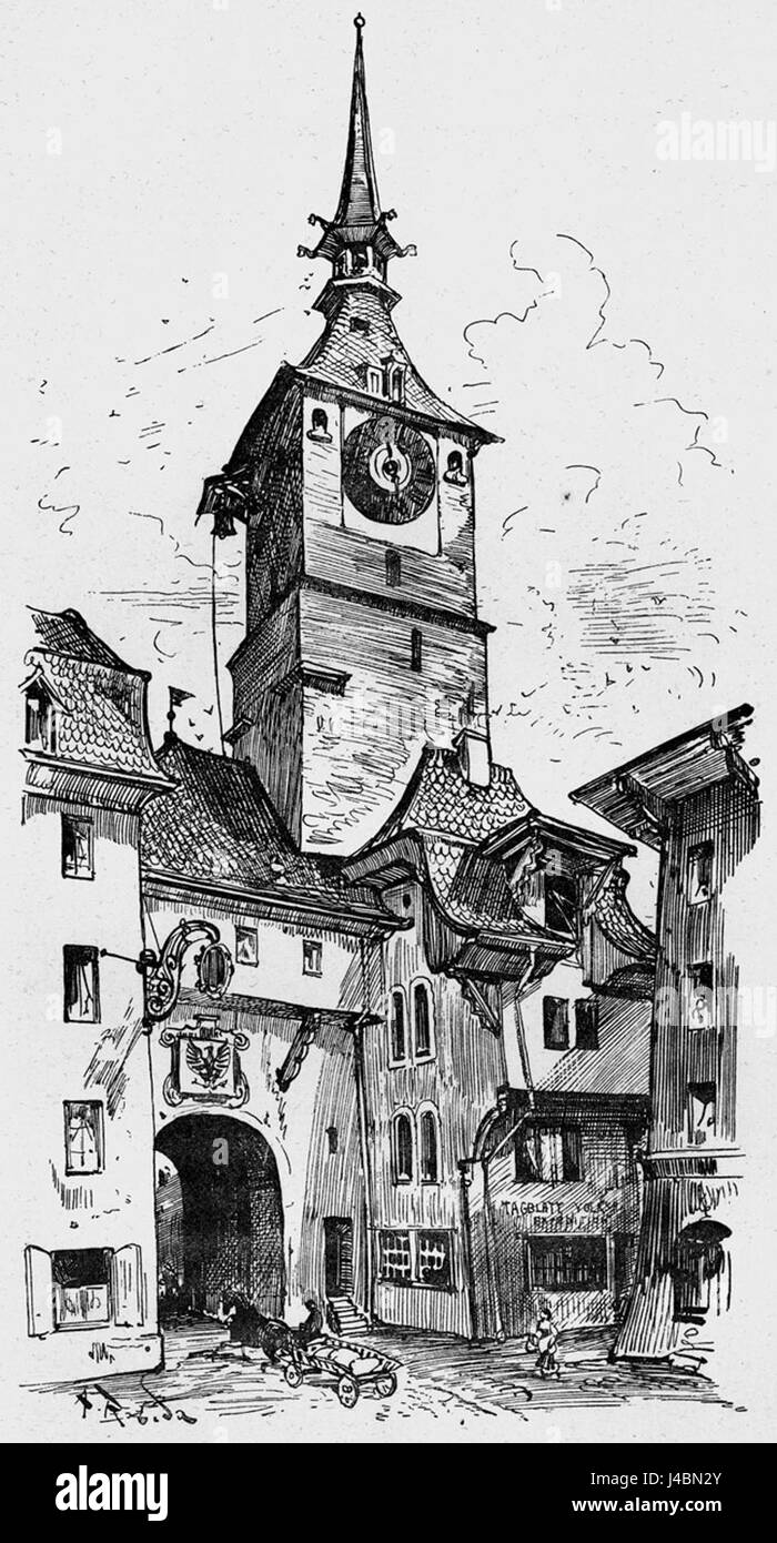This refers to a gate tower in Switzerland, possibly associated with the works of French artist Albert Robida or a structure named after him, highlighting Swiss architecture and its historical significance. Stock Photo