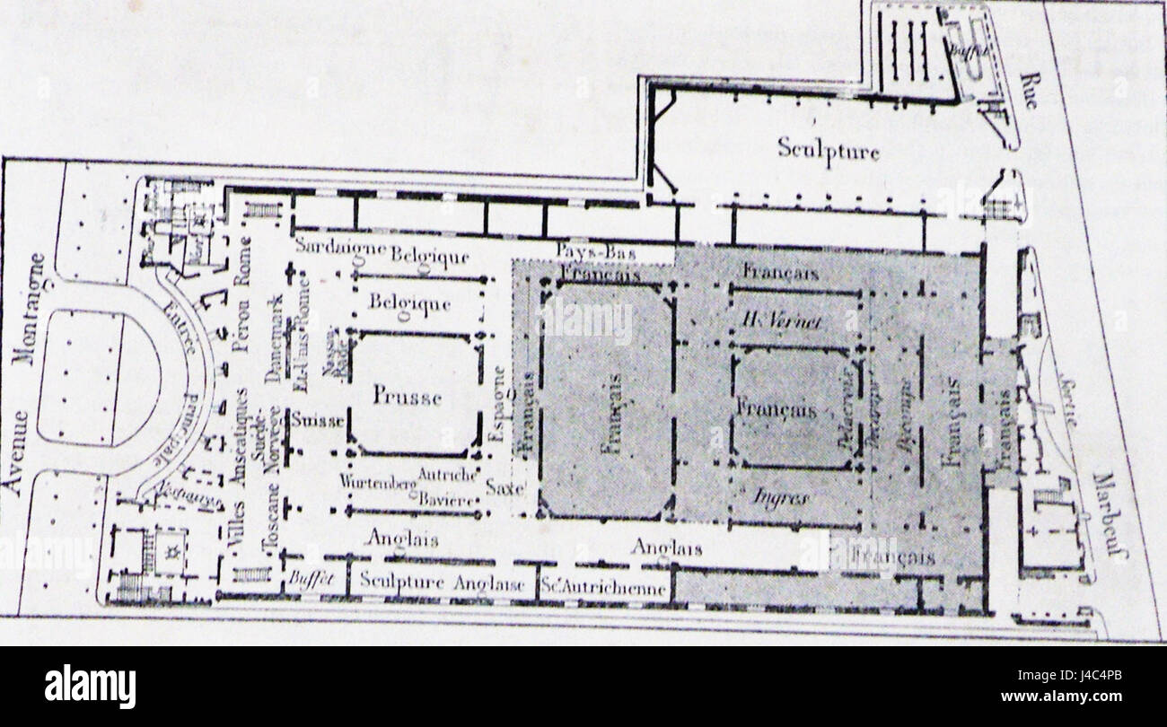 This is a plan of the Palais des Beaux-Arts from 1855, showcasing the architectural design of the art palace in France. The building is an iconic example of 19th-century French architecture, central to the country's artistic history. Stock Photo