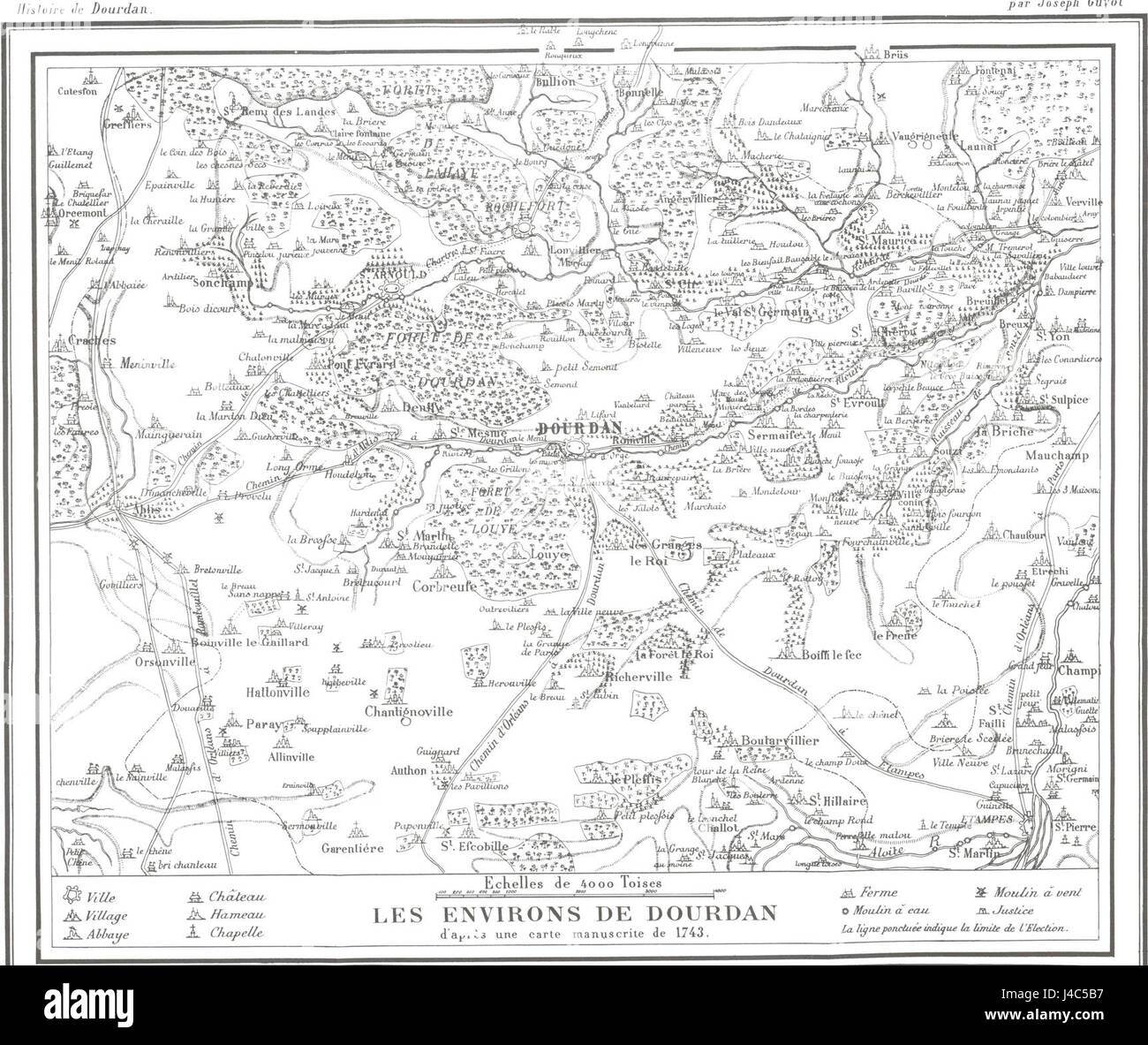 This map, created in 1743, illustrates the surroundings of Dourdan, a ...