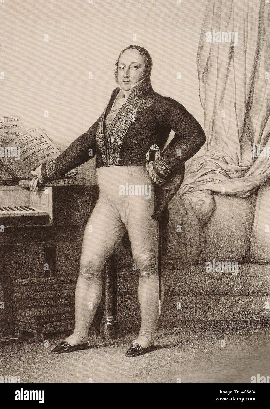 This lithograph from 1829 by Charlet Ory depicts the famous composer Gioachino Rossini. Known for his operatic works, Rossini is portrayed in a moment of reflection, showcasing his iconic features. Stock Photo