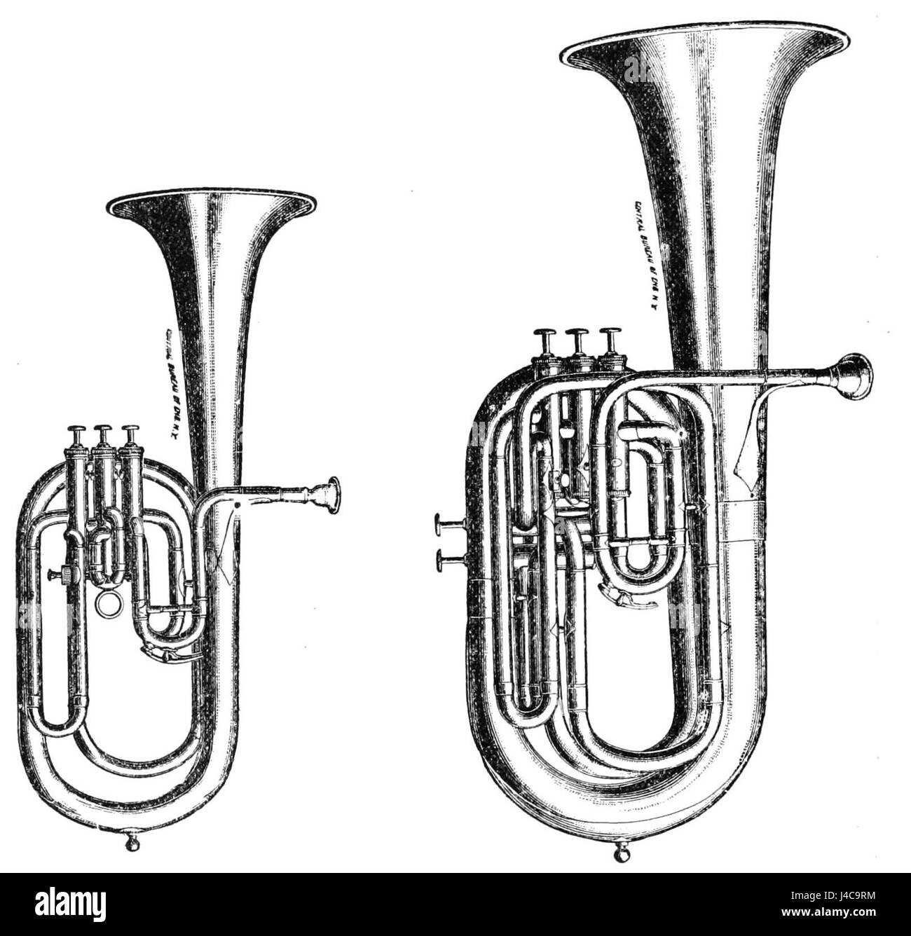 The PSM V40 D824 features tenor and bass sax horns, showcasing important brass wind instruments used in orchestras and military bands during the 19th and early 20th centuries. Stock Photo