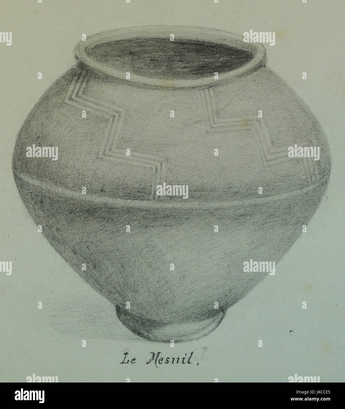 This refers to the 'Poteries Mesnil' collection, featuring pottery from the Mesnil region, with a focus on pieces collected by Morel, showcasing fine ceramic craftsmanship. Stock Photo