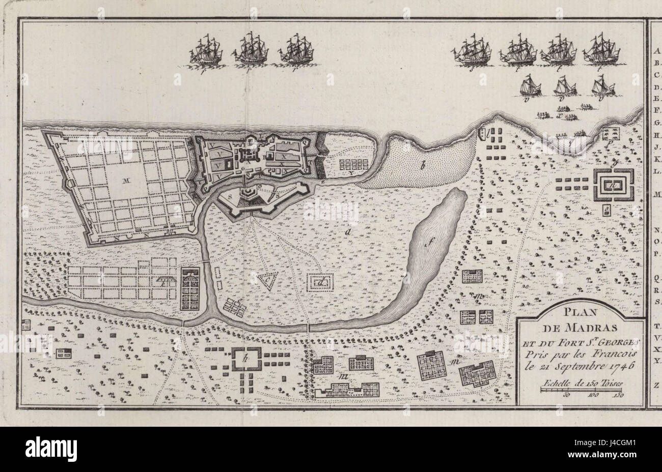 Plan of Madras and of the Fort of St. George, taken by the French the 24th September 1746 by Jacques Nicholas Bellin, Paris 1758 Stock Photo