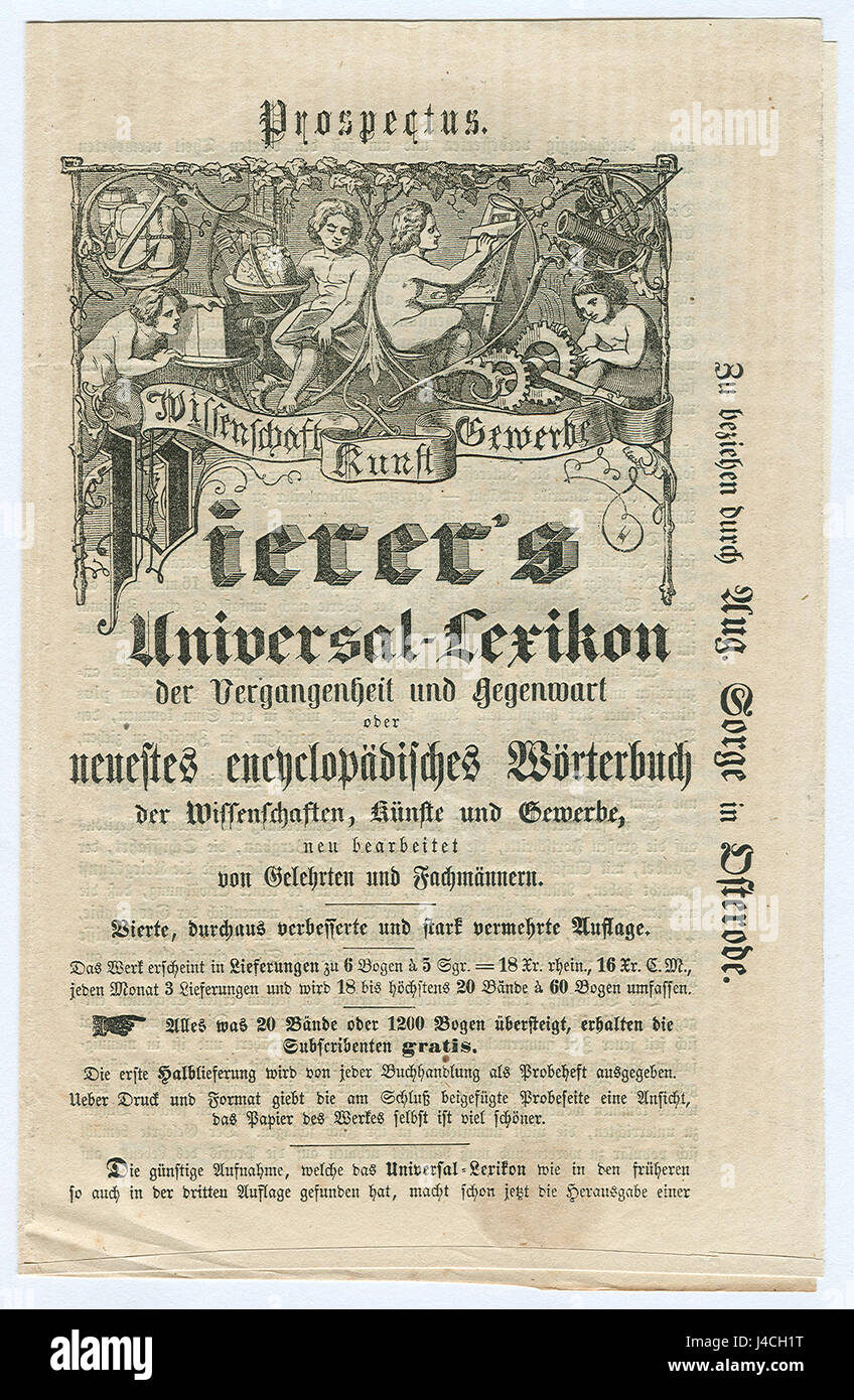 Pierer's Universal Lexikon der Vergangenheit und Gegenwart. Vierte Auflage. Prospectus. Seite 1 Stock Photo