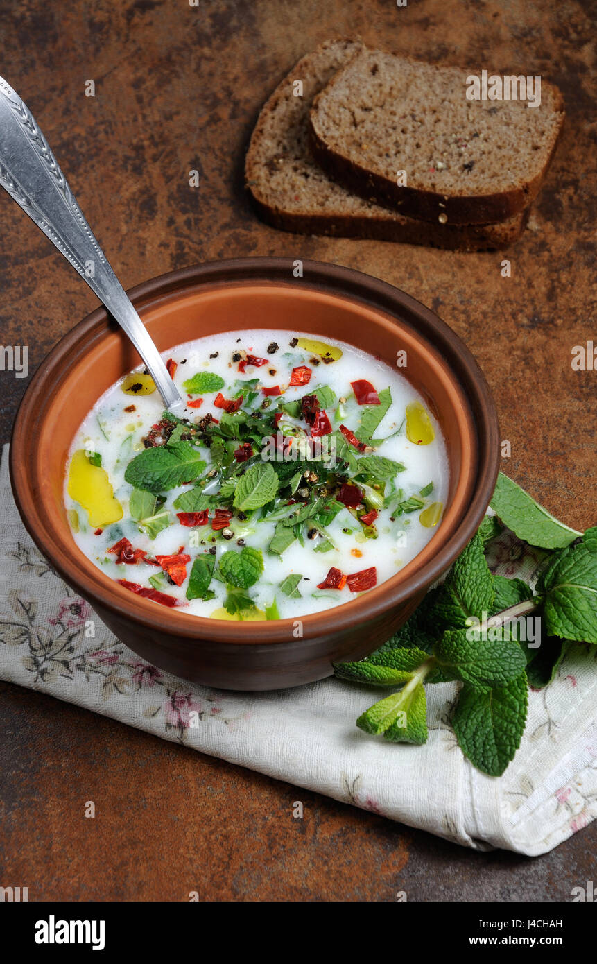 Refreshing сold summer soup the rice, mint and yoghurt, spices