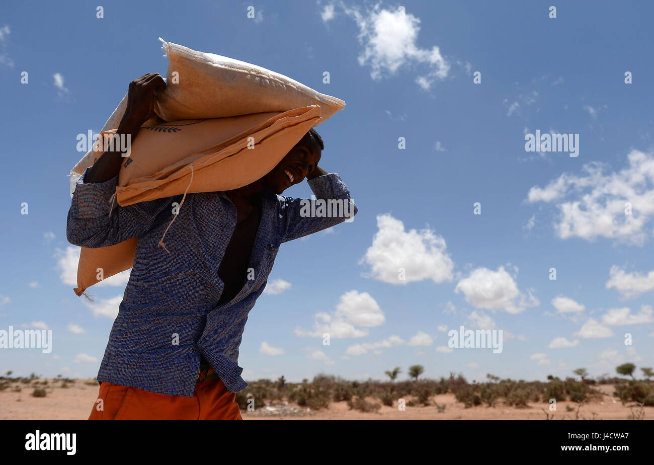 A villager carries bags of rice, sugar, dates and palm oil back to his house after collecting food distribution from charity Action Aid in Sayla Bari, Somaliland. Stock Photo