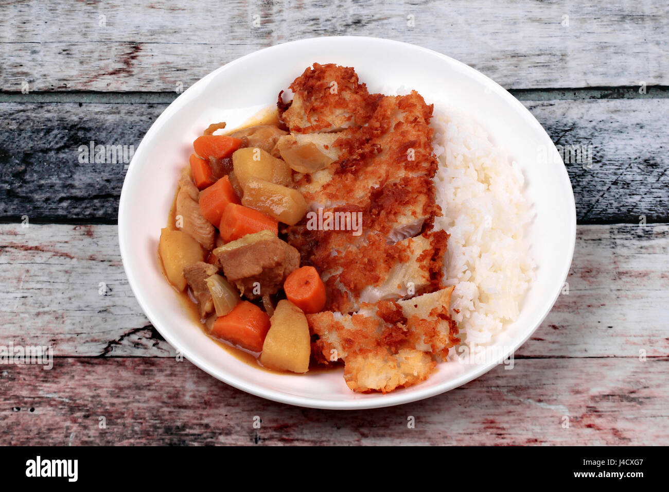 Japanese food,Rice with deep fried dolly fish in japanese curry served ...