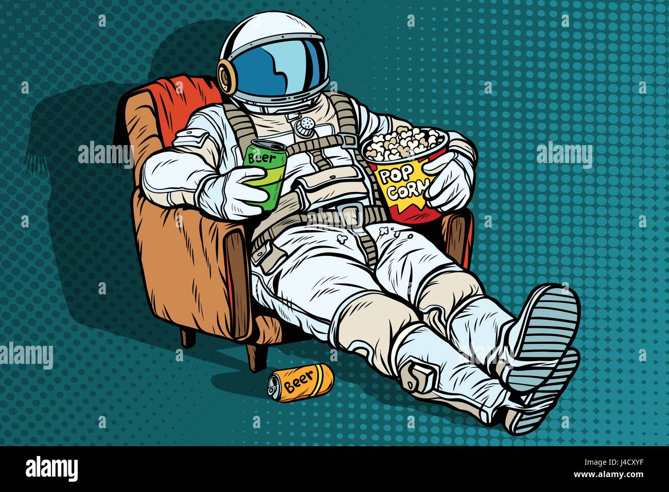 Astronaut the audience with beer and popcorn sitting in a chair. loneliness in space. Pop art retro vector illustration Stock Vector