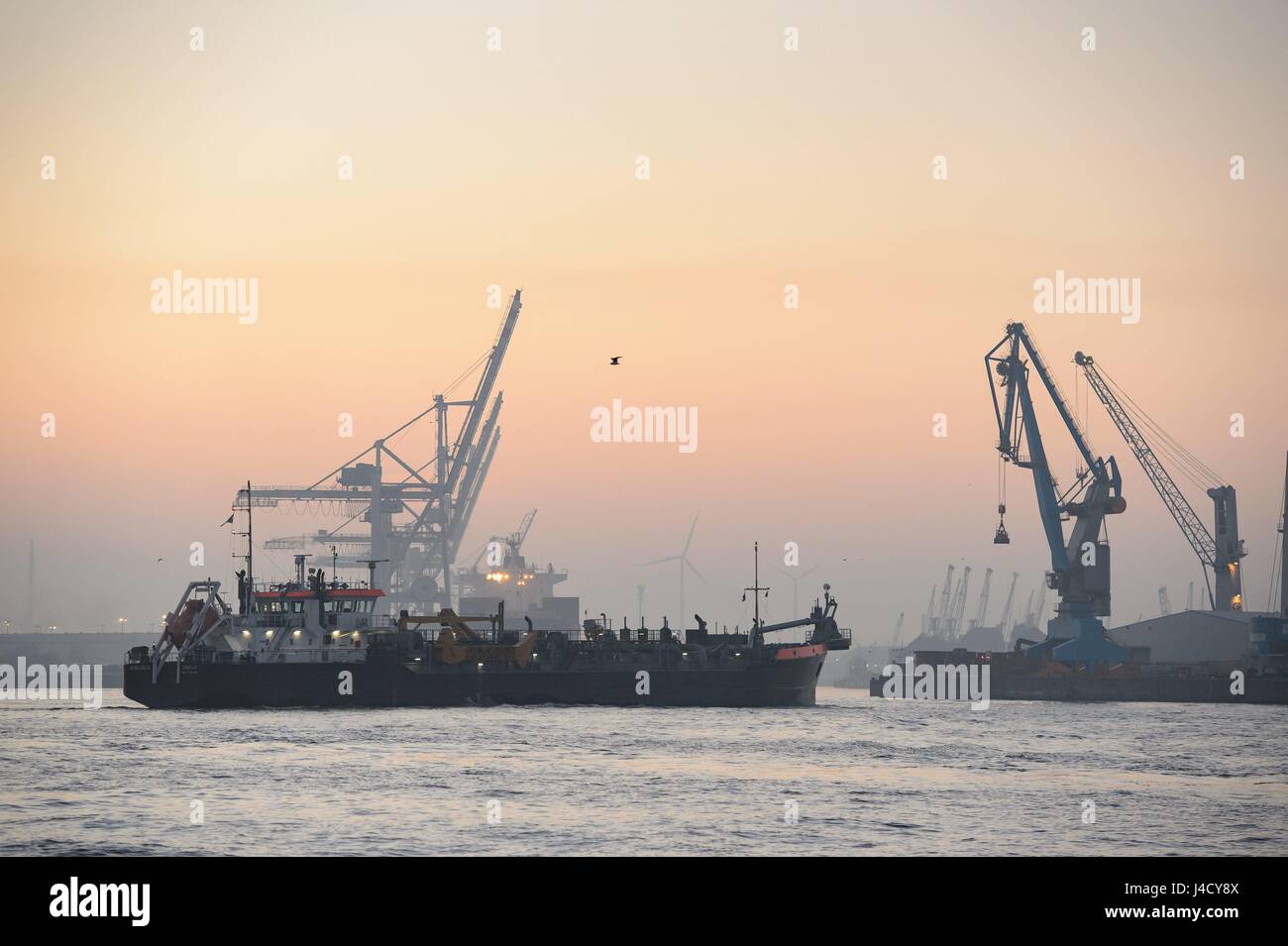 The trailing suction hopper dredger "IJsseldelta" at work in the port