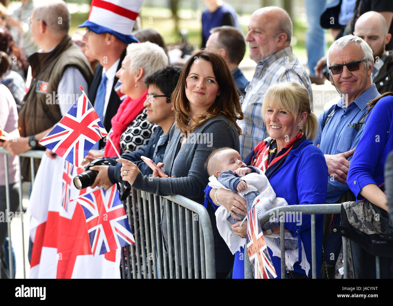 The crowd await for the Duchess of Cambridge at MUDAM (Musze d'Art Moderne) during a day of visits in Luxembourg where she is attending commemorations marking the 150th anniversary 1867 Treaty of London, that confirmed the country's independence and neutrality. Stock Photo