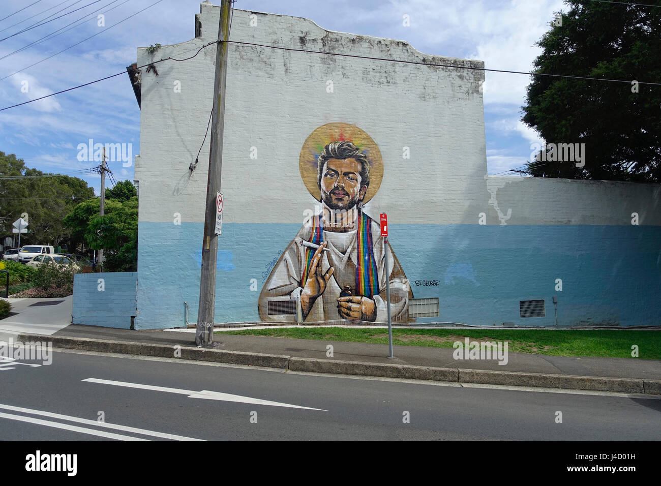 A mural painted in the inner-city suburb of Erskineville, Sydney, NSW, Australia in 2017 depicting the international singing star George Michael Stock Photo