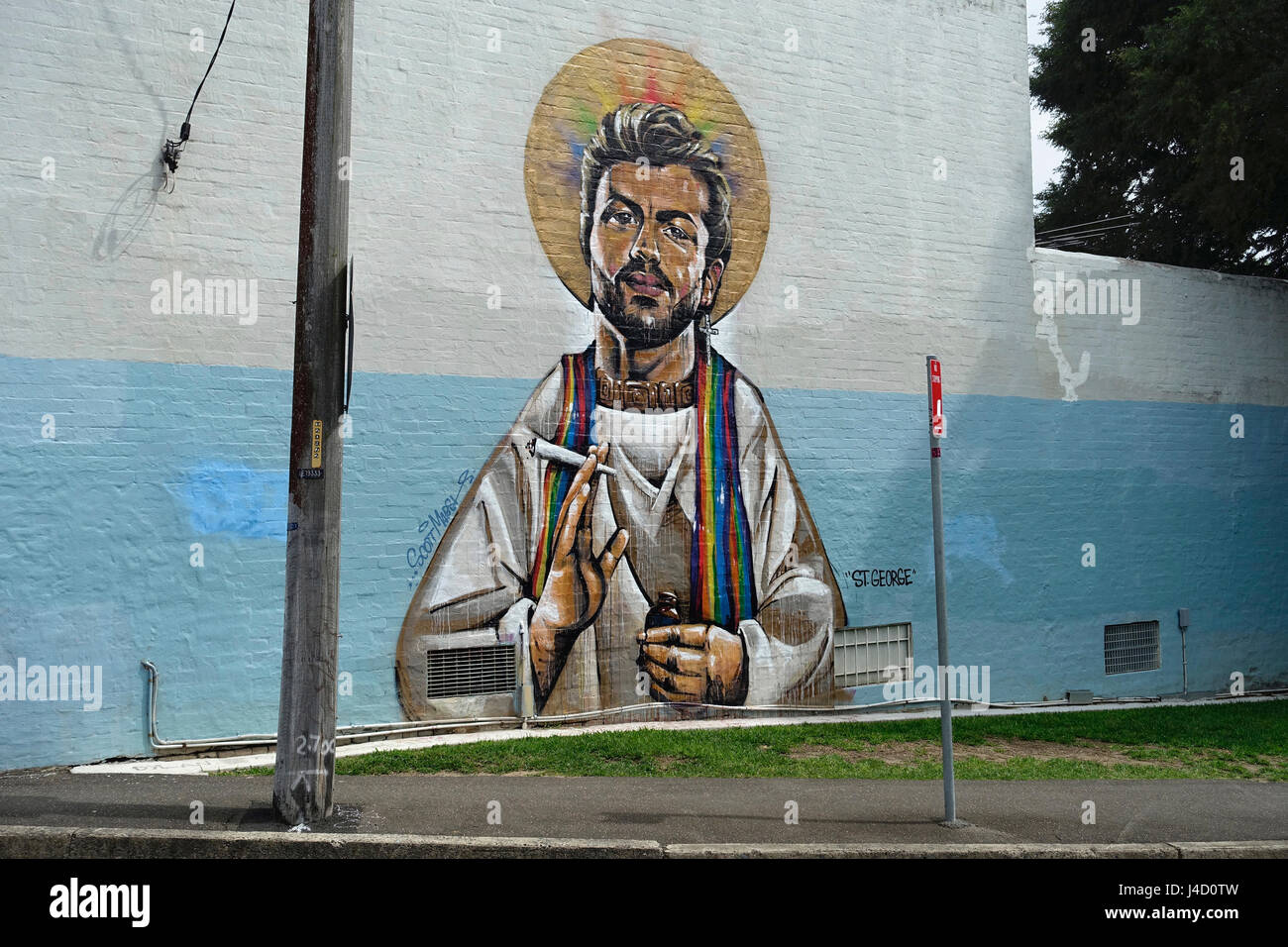 A mural painted in the inner-city suburb of Erskineville, Sydney, NSW, Australia in 2017 depicting the international singing star George Michael Stock Photo