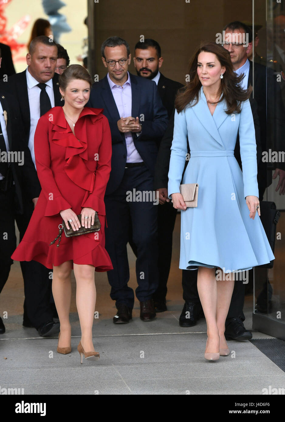 The Duchess of Cambridge leaving MUDAM (Musze d'Art Moderne) with Crown Princess Stephanie during a day of visits in Luxembourg where she is attending commemorations marking the 150th anniversary 1867 Treaty of London, that confirmed the country's independence and neutrality. Stock Photo