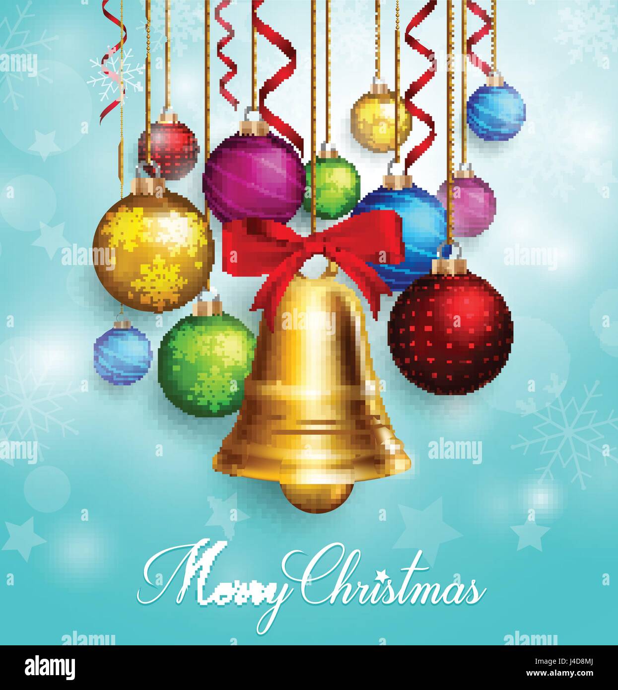 Merry Christmas Greetings with Christmas Balls Hanging Vector and Bells 
