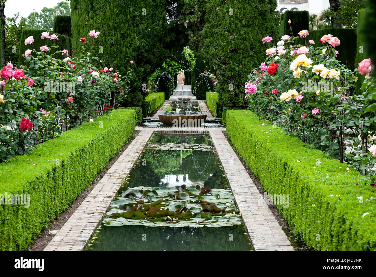 Pools, gardens, El Generalife (summer residence), The Alhambra, Granada, Spain Stock Photo
