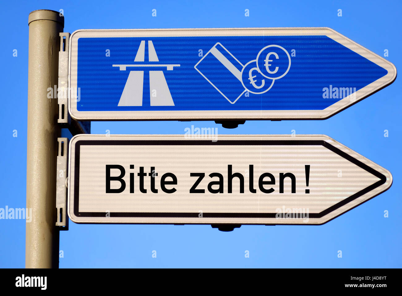 'Signposts highway and sign with the label ''Request pay'', symbolic photo passenger car toll', Wegweiser Autobahn und Schild mit der Aufschrift 'Bitt Stock Photo