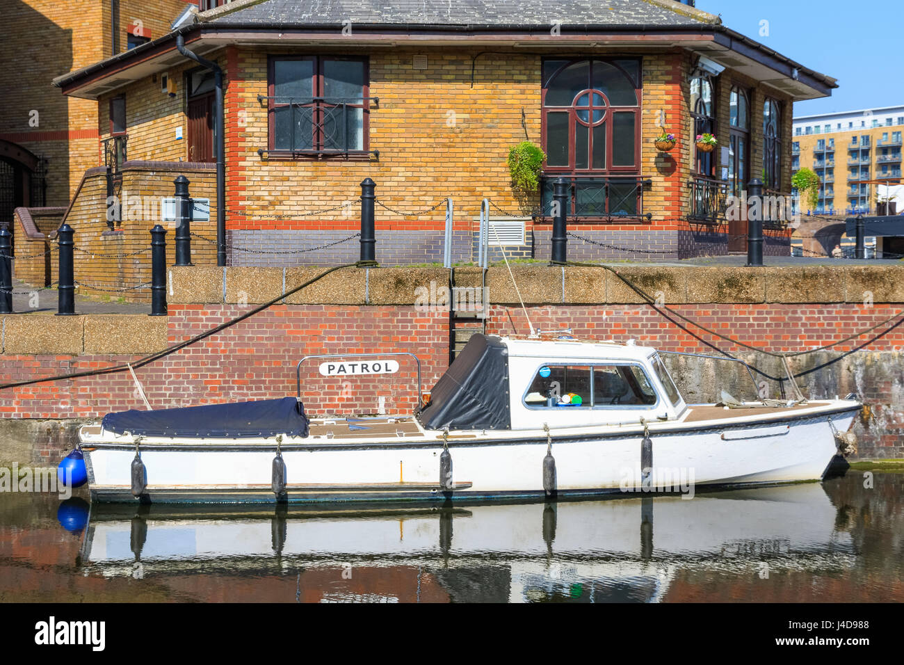 Patrol boat moored at Limehouse Basin Marina in London Stock Photo