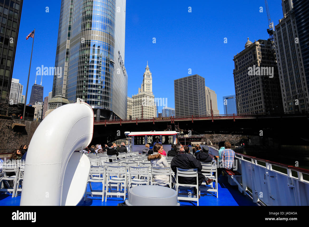 Boat tour on the Chicago River, skyline, Chicago, Illinois, USA, North America, Bootstour auf dem Chicago River, Skyline, Chicago, Illinois, USA, Nord Stock Photo