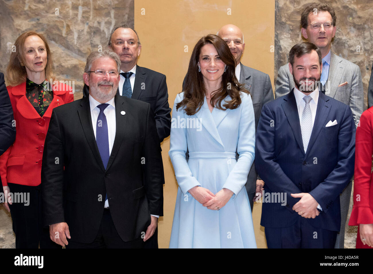 The Duchess of Cambridge with Crown Prince Guillaume during a visit to the Luxembourg City Museum, where she viewed an exhibition about the city state's history and walked along the Cornicjhe, during a day of visits in Luxembourg where she is attending commemorations marking the 150th anniversary 1867 Treaty of London, that confirmed the country's independence and neutrality. Stock Photo