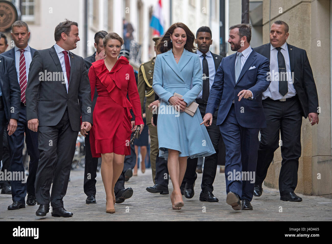 The Duchess of Cambridge with Crown Prince Guillaume (second right) and Princess Stephanie (centre left), during a visit to the Luxembourg City Museum, where she viewed an exhibition about the city state's history and walked along the Cornicjhe, during a day of visits in Luxembourg where she is attending commemorations marking the 150th anniversary 1867 Treaty of London, that confirmed the country's independence and neutrality. Stock Photo