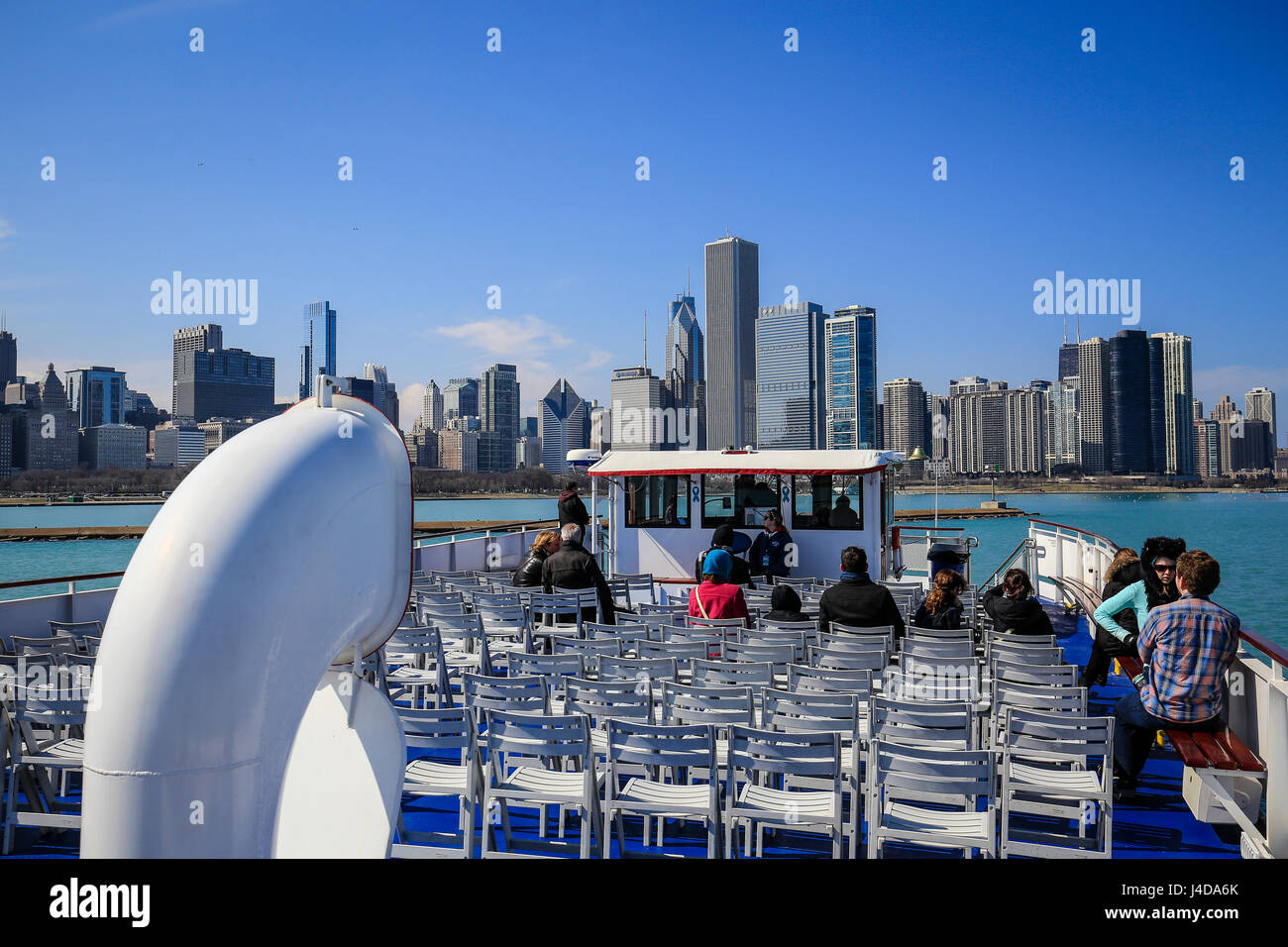Boat tour on the MIchigansee, Chicago skyline, Chicago, Illinois, USA, North America, Bootstour auf dem MIchigansee, Chicago Skyline, Chicago, Illinoi Stock Photo