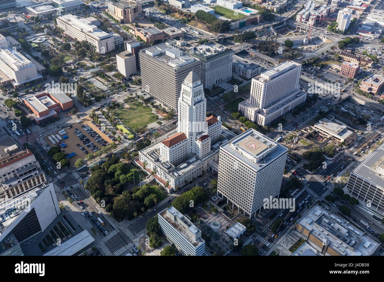 Los Angeles, California, USA - April 12, 2017:  Aerial view of historic City Hall and downtown government buildings. Stock Photo