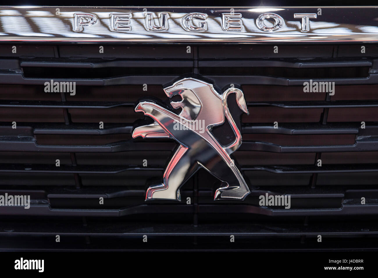 Detail of the Peugeot car. Peugeot is a French car manufacturer ...