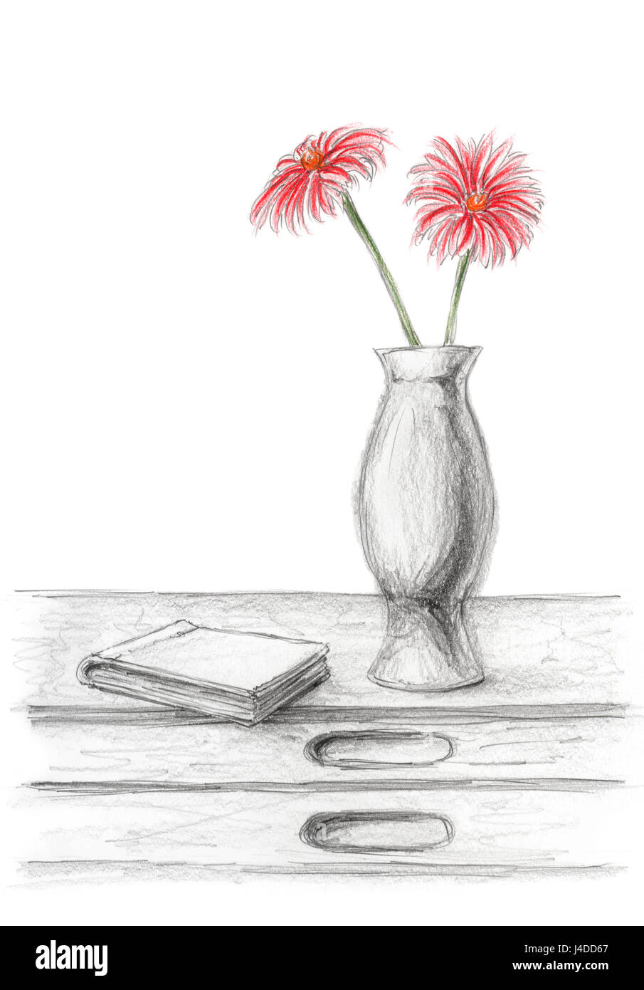 Two red flowers in a vase on desk with book. Graphite and colored ...