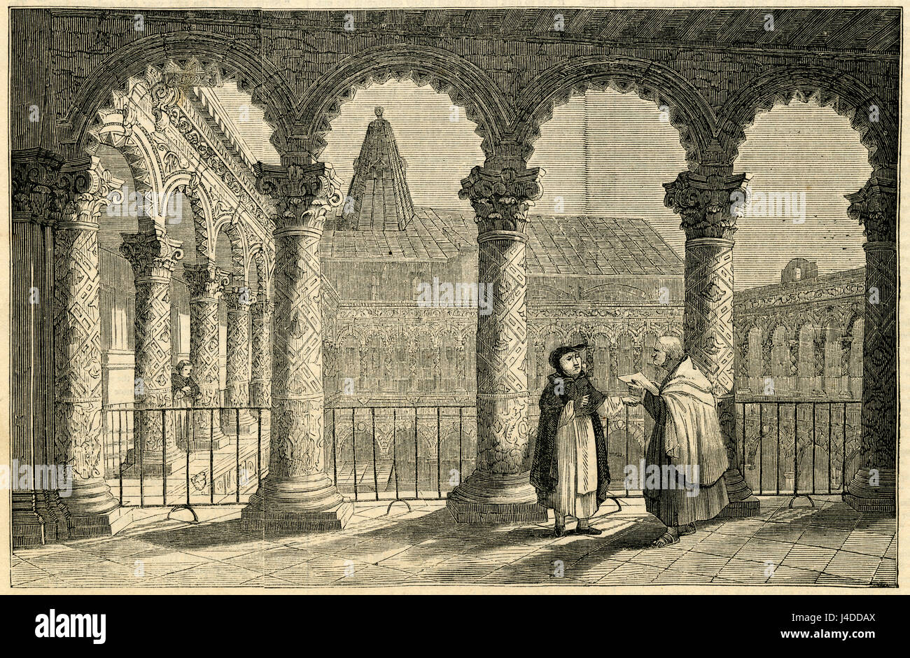 Antique 1854 engraving, View of the Convent of La Merced in Mexico. The La Merced Cloister is all that is left of a monastery complex built in the late 16th and early 17th century by the Mercedarian order. SOURCE: ORIGINAL ENGRAVING. Stock Photo