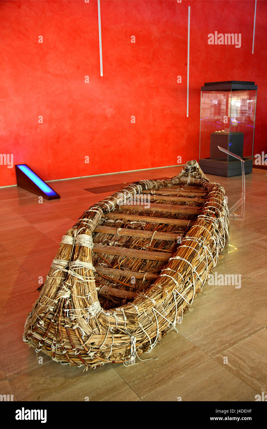 The papyrella, reconstruction of a primitive sea craft of the Mesolithic era made of papyrus in  Thalassa Municipal Museum, Ayia Napa, Cyprus. Stock Photo