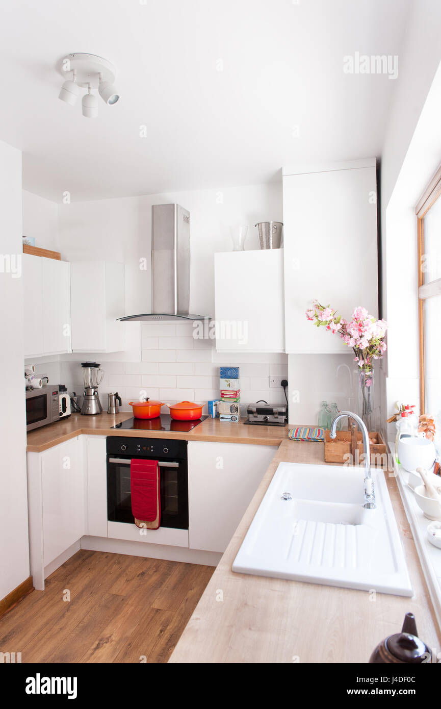 a modest kitchen interior in gloss white installation date 2016 Stock Photo