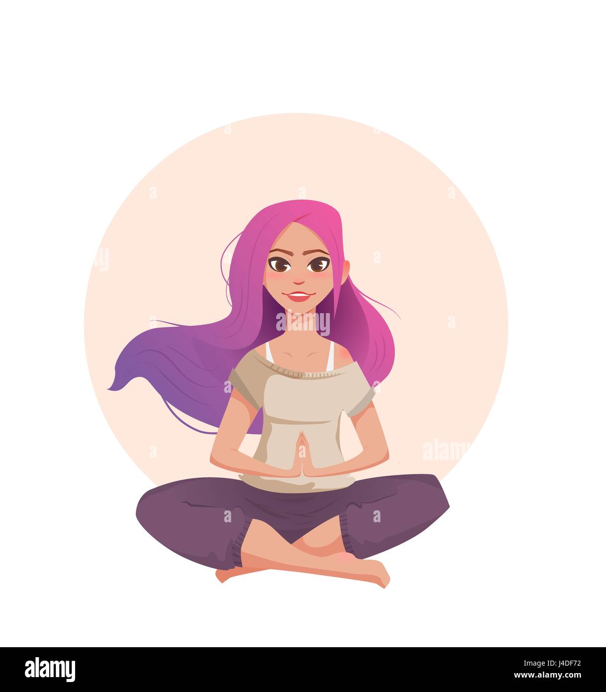 Young woman with pink hair meditates in lotus position. A girl in the style  of a cartoon is engaged in yoga. Vector illustration Stock Vector Image &  Art - Alamy