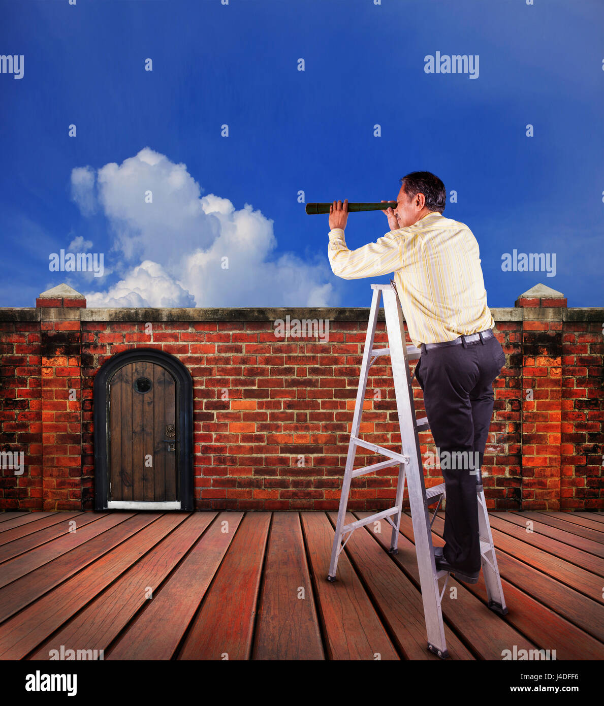 business man and single spying telescope lens looking for target concept Stock Photo Alamy