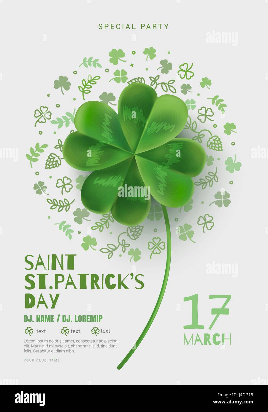 Poster in the pub on St Patrick's Day. A poster with a large four-sheeted clover can be used for a party or a concert. White background with room for  Stock Vector