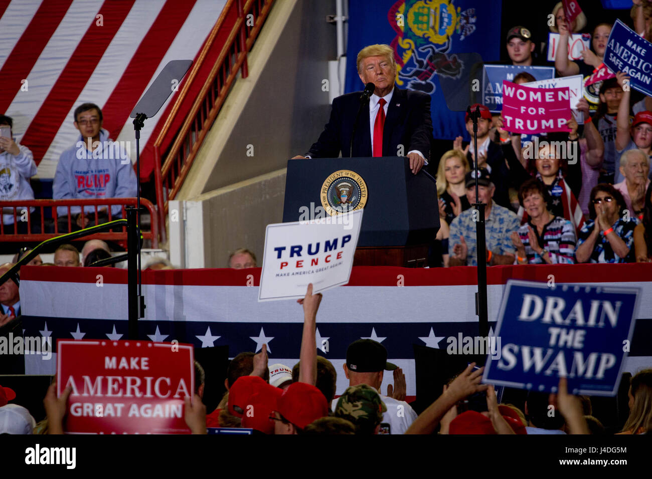 President Donald Trump addresses a rally held in Harrisburg, PA to commemorate his 100th day in office, Saturday, April 29, 2017. Stock Photo