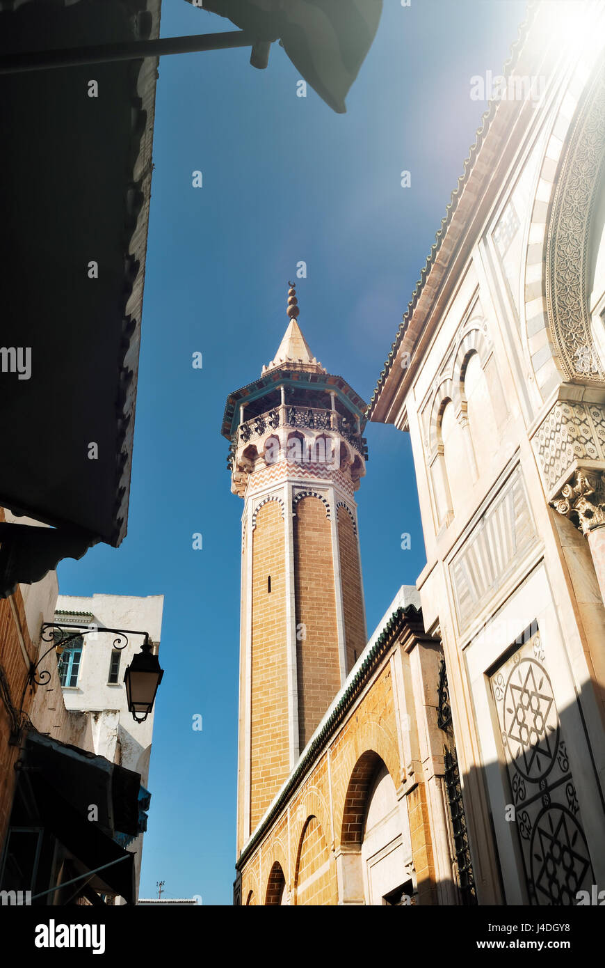 Minaret and the mosque Hammouda Pacha n the Medina of the city of Tunis, in Tunisia, Africa Stock Photo