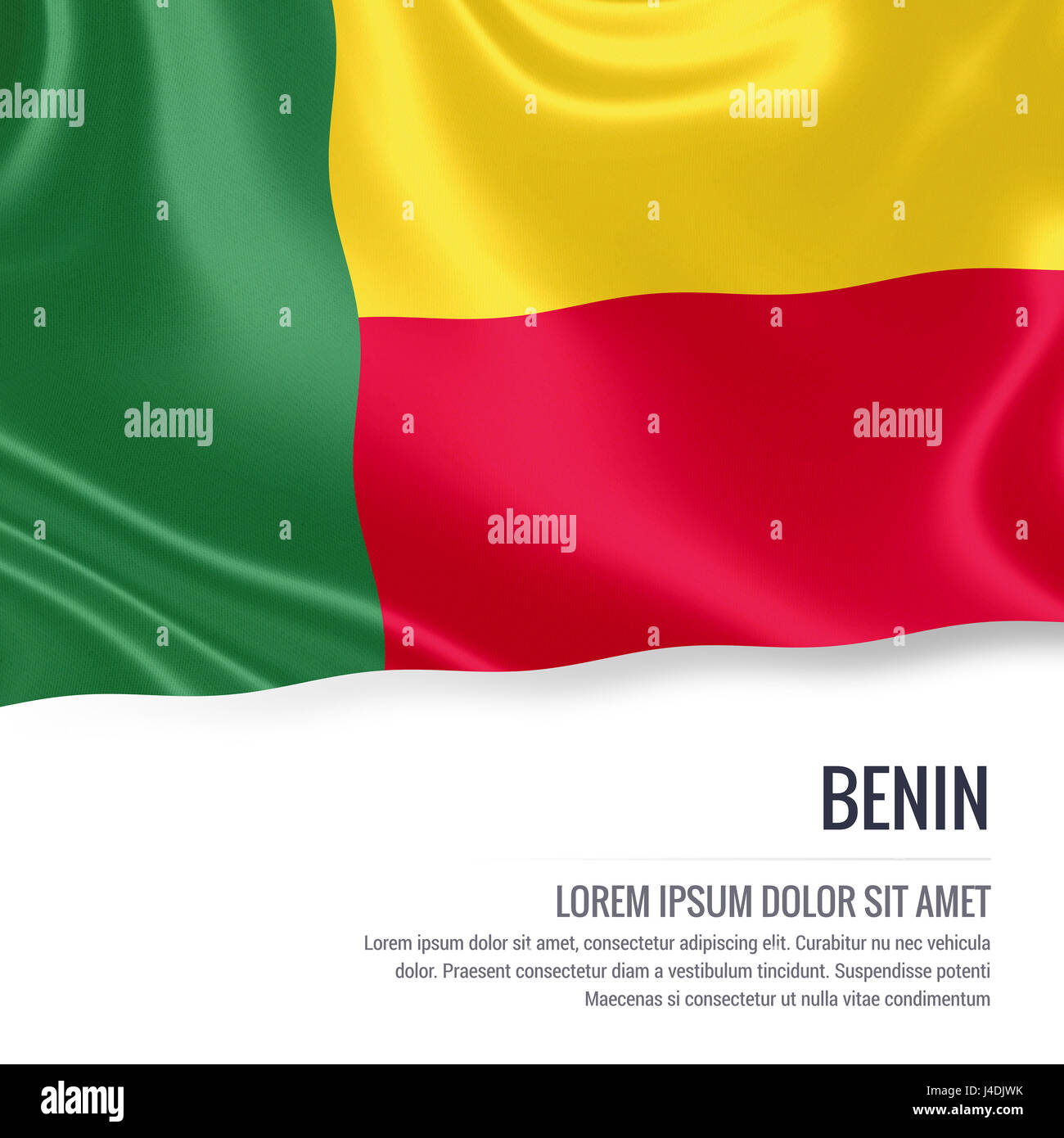 Silky flag of Benin waving on an isolated white background with the white text area for your advert message. 3D rendering. Stock Photo