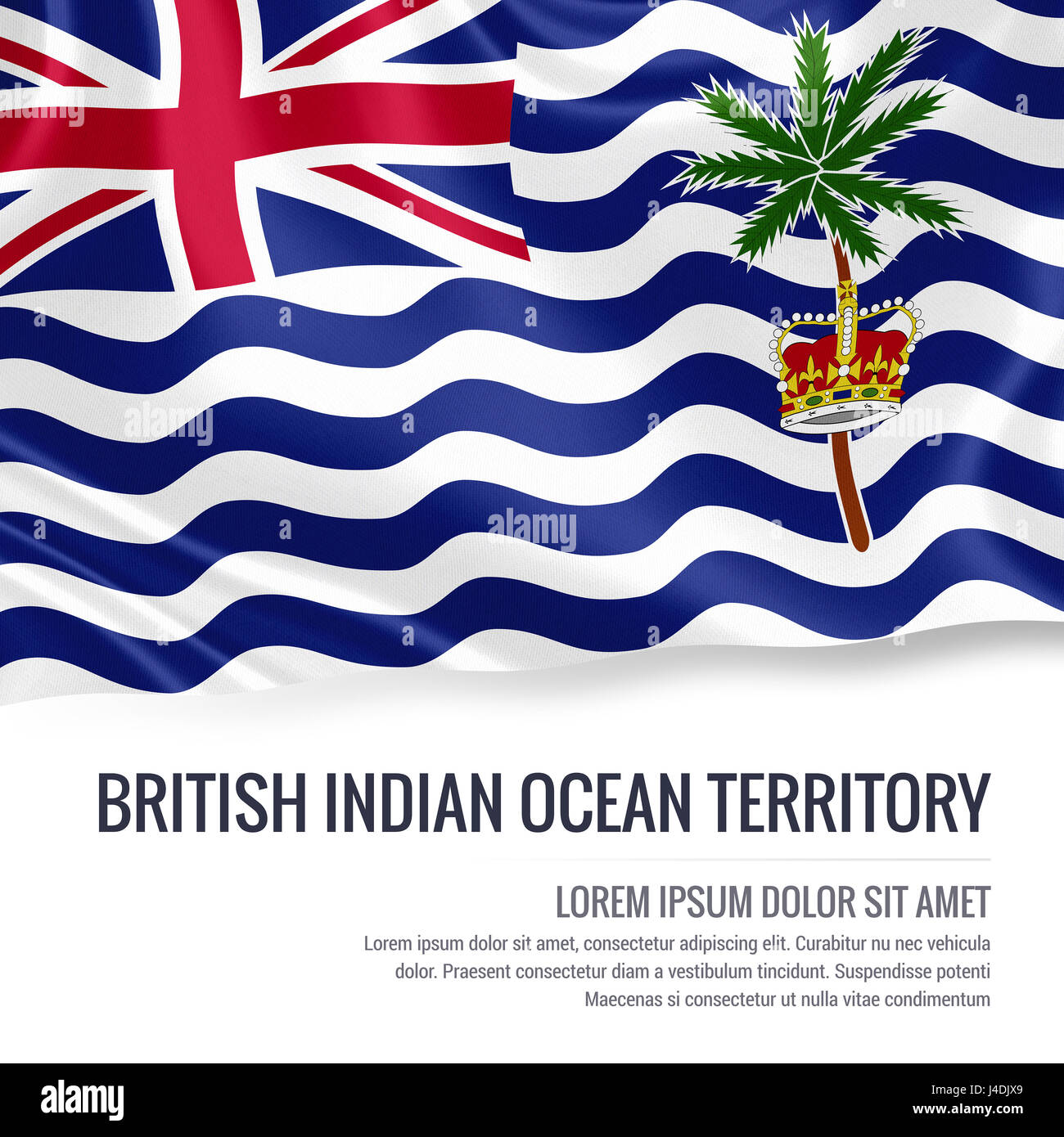 Silky flag of British Indian Ocean Territory waving on an isolated white background with the white text area for your advert message. 3D rendering. Stock Photo